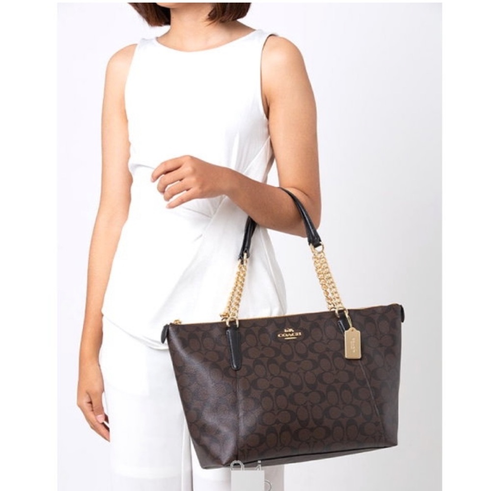 Coach Brown Signature Coated Canvas AVA Chain Tote NEW